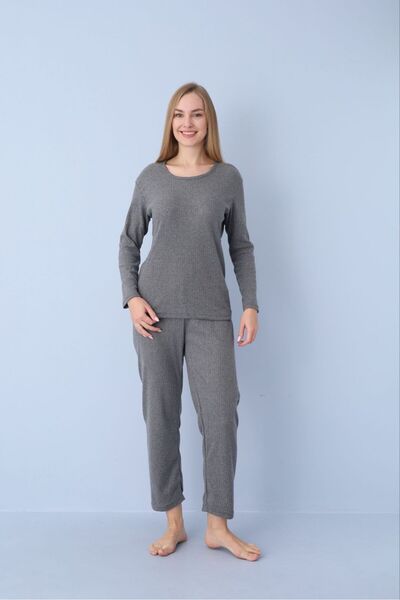 PİJART Anthracite Ribbed Knitted Pajama Set