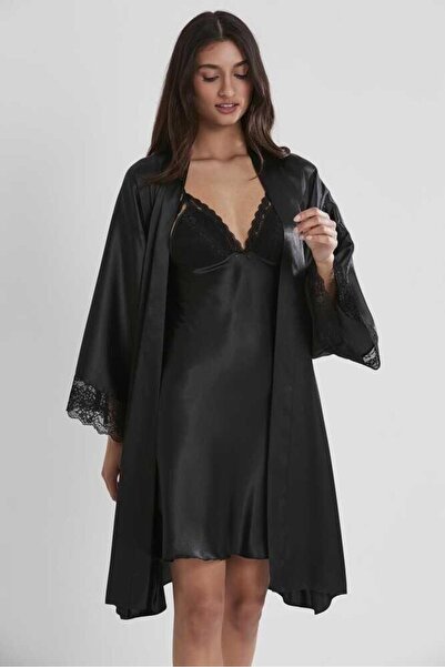 Pierre Cardin Black Bra Covered Dressing Gown Nightgown Set 4250 Black