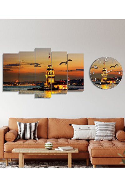 FORONEUS Manzara Desenli dekoratif 5li tablo ve saat seti