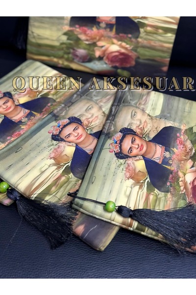 QUEEN AKSESUAR Designer Floral Frida Portrait Patterned Tassel Zipper Clutch Hand-Held Invitation Makeup Bag