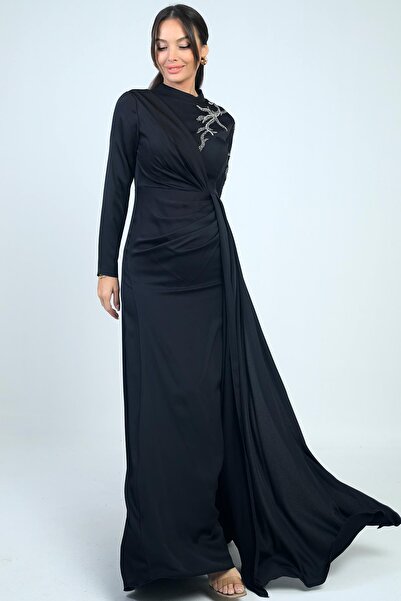 By Saygı Φόρεμα Hijab με Κεντημένο Πέτρινο Κρεπ Σατέν με Φόδρα