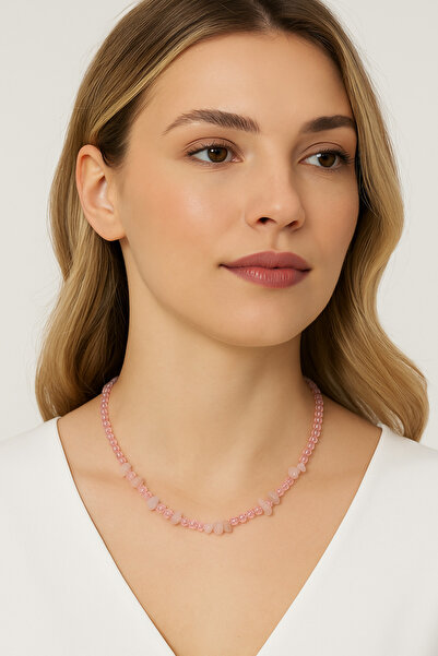 Unutma Beni Pembe Kuvars Kırık Taşlı ve Boncuklu Kolye