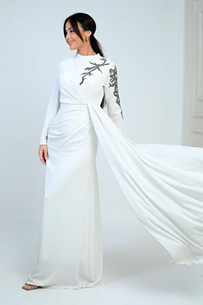 By Saygı Stone Embroidered Front Gathered Lined Crepe Satin Hijab Dress