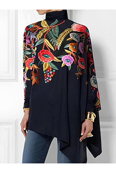 Moda Ebrar Eyesof Women's Long Sleeve Turtleneck Asymmetrical Cut Micro Blouse