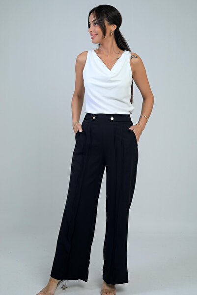 By Saygı Women's Ribbed Palazzo Pants with Epaulet Belt Pockets