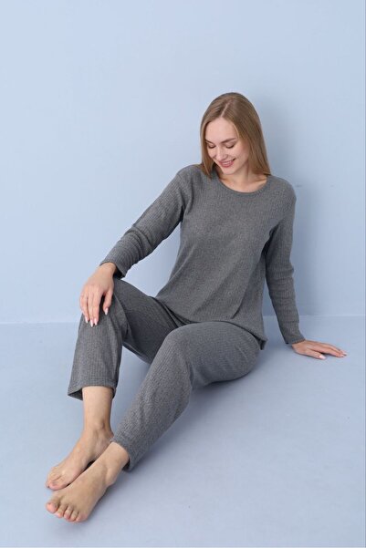 PİJART Anthracite Ribbed Knitted Pajama Set
