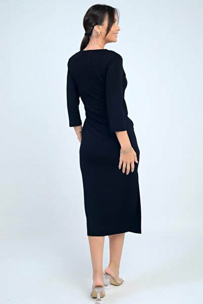 By Saygı Women's Double Breasted Collar Buckle Detailed Slit Midi Dress