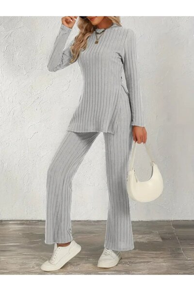 Genel Markalar EQURİ Kadın Uzun Kollu Bisiklet Yaka Yandan Yırtmaçlı şardonlu...