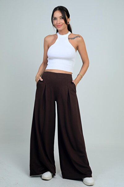 By Saygı Women's Elastic Waist Pocketed Pleated Front Wide Leg Pants