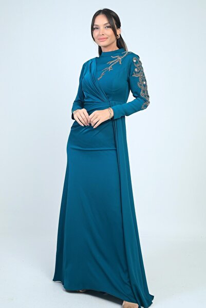 By Saygı Φόρεμα Hijab με Κεντημένο Πέτρινο Κρεπ Σατέν με Φόδρα