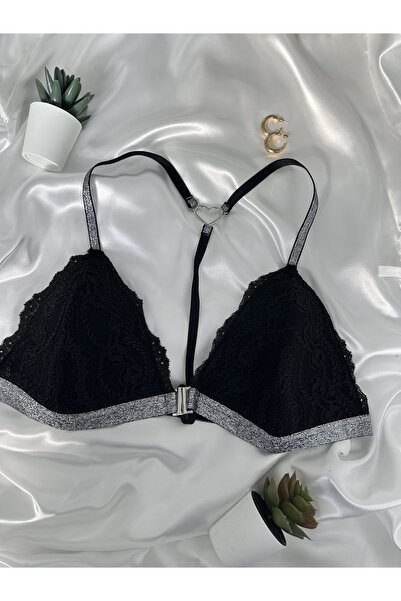 TOKYO LOVE Siyah Simli Gümüş Clips Detaylı Sütyen