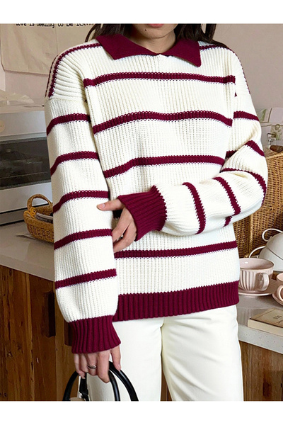 MEECY Pulover tricotat pentru femei, model Zr, cu guler polo, tricotat, oversize