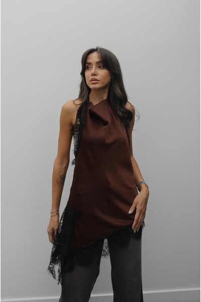 Havoş Brown Lace Embroidered Satin Blouse