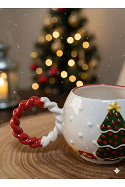 SeraCEY Knitted Handle Bubble Special Embossed Christmas Red Color Tree Patterned Handmade Ceramic Mug
