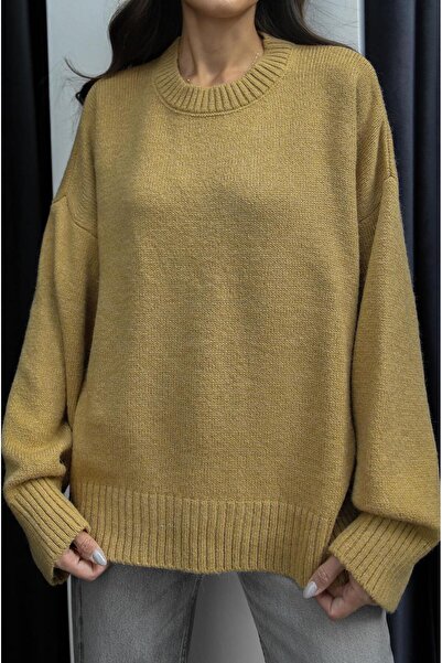 Havoş Hardal Mary Bisiklet Yaka Oversize Triko Kazak