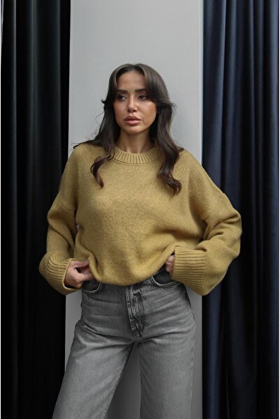 Havoş Hardal Mary Bisiklet Yaka Oversize Triko Kazak