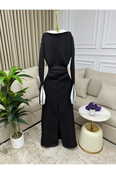 Riva Elegant black evening dress, with a large white collar, and elegant bell sleeves,