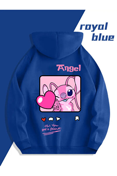 macklin Unisex Sevgili Çift Kombini Stitch ve Angel Friends Love SIRT Baskılı Kapüşonlu Sweatshirt 2li Takım