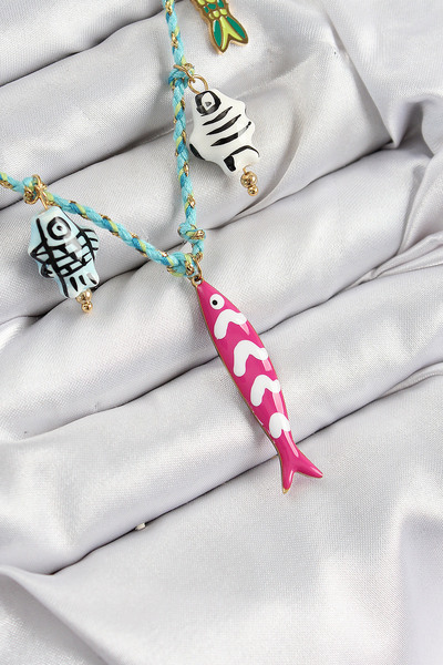 Skygo Ceramic Motif Pink Fish Figured Model Blue Rope Women's Necklace - Tj-Bko10397