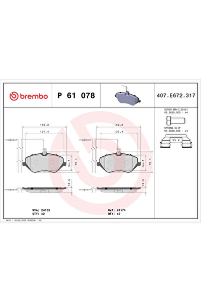Brembo Комплект накладки за дискови спирачки Citroen C5 3/C6 Peugeot 407/607