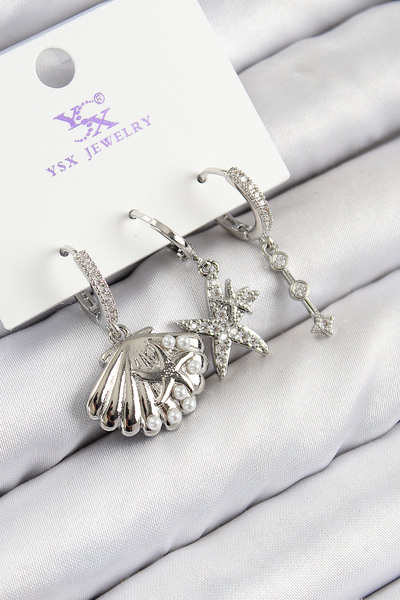 katre46 Brass Zircon Stone 3-Piece Star and Oyster Model Silver Color Women's...