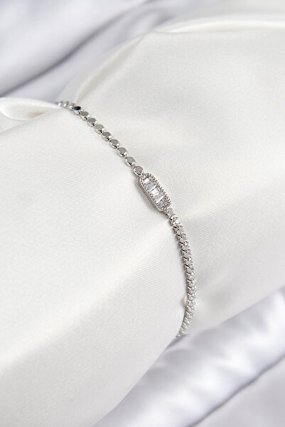 katre46 Brass Zircon Stone Rectangular Model Crush Chain Silver Color Women's...