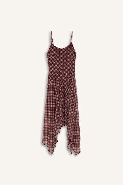 DeFacto Coool V-Neck Checkered Tulle Strap Midi Dress G2907Ax25Au