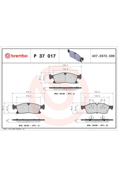 Brembo Комплект спирачни накладки за дискови спирачки Dodge Durango Jeep Gran...