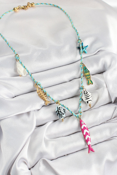 Skygo Ceramic Motif Pink Fish Figured Model Blue Rope Women's Necklace - Tj-Bko10397