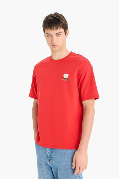 DeFacto Boxy Fit Bisiklet Yaka Baskılı Kısa Kollu Tişört F2614AX25WN