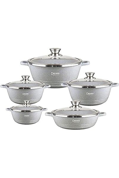 Dessini طقم أواني طهي مطلي بالجرانيت مكون من 10 قطع رمادي صغير (20)، متوسط (2...