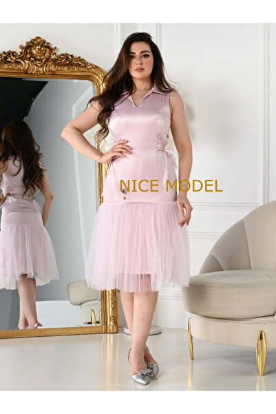 Nice Model فستان سهرة أنيق وردي اللون من التول متوسط الطول بدون أكمام مع حزام...