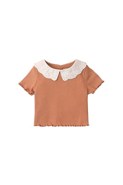 Gingersnaps بلوزة بناتية مضلعة مع ياقة من الدانتيل