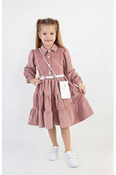 Cremix Kız Çocuk Çantalı Kemerli Kadife Elbise