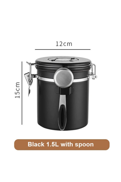 Choice وعاء تخزين حبوب القهوة المفرغ من الهواء من الفولاذ المقاوم للصدأ 304 سعة 1.5 لتر باللون الأسود مع ملعقة وسعة كبيرة ومحكمة الإغلاق