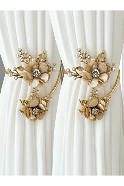 Choice رباطات ستائر مرنة من سبائك ذهبية اللون، قطعتان - شكل قابل للانحناء مع زهرة قماشية وألماس - دعاء