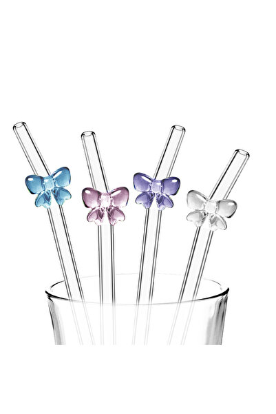 Choice 4PCS Mixed BPPC Reusable Glossy Colored Bow Glass Straw Sturdy And Durable High Borosilicate Straw