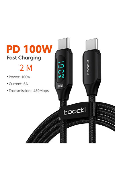 Toocki كابل USB-C أسود بطول 2 متر مع شاشة رقمية وقدرة 100 واط للشحن السريع له...