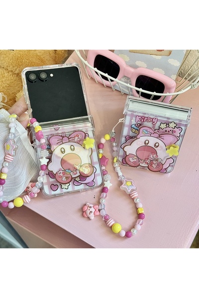 Miniso جراب حامل مع حبل لهاتف Samsung ZFilp 7 بتصميم الرسوم المتحركة اليابانية Kirby لهاتف Samsung Galaxy