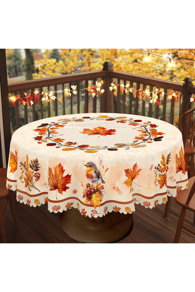 Choice مفرش طاولة دائري (180) سم Q137-1 قطعة واحدة بتصميم خريفي مع نقوش أوراق القيقب، طاولة مستديرة مستطيلة عتيقة C