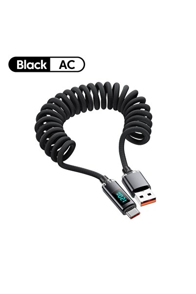 Choice كابل زنبركي للسيارة أسود بطول 1 متر، مزود بشاشة رقمية، قابل للسحب من USB C إلى Type C، كابل شحن سريع f