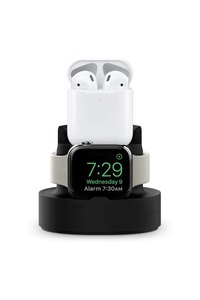 Choice حامل سيليكون أسود جديد مطور 2 في 1 لساعة آيفون وقاعدة شحن لسماعات AirP...