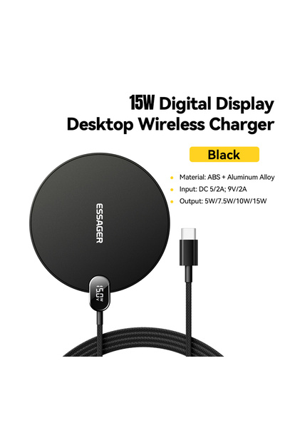 essager Black 15W 15W Wireless Charger LED Digital Display Fast Wireless Char...