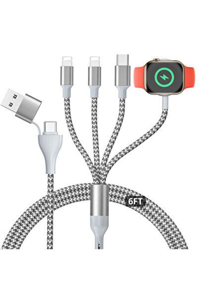 Choice شاحن لاسلكي مغناطيسي فضي 4 في 2 مع كابل شحن USB من النوع C، شحن سريع ل...