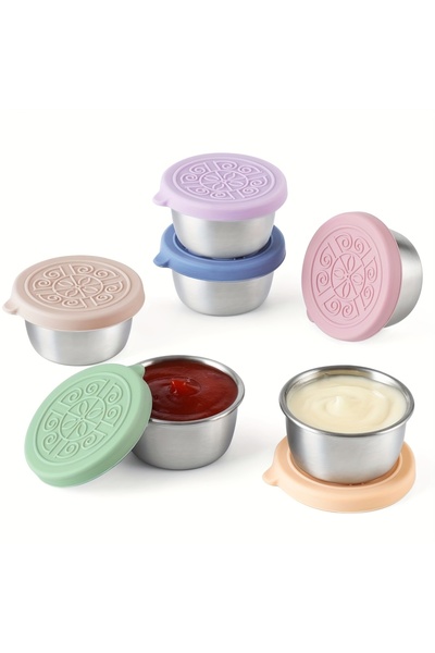 Choice 6-piece set-colorful 1.6 oz Stainless Steel Salad Dressing Containers with Leak-proof Silicone Lids.