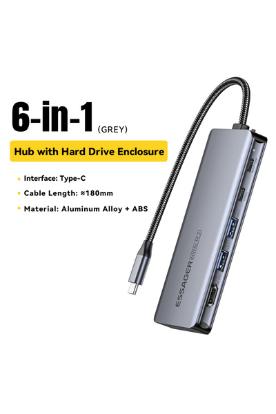 essager موزع USB-C رمادي 6 في 1 مع حاوية محرك أقراص صلبة M.2 SSD 6/7 في 1 PD1...