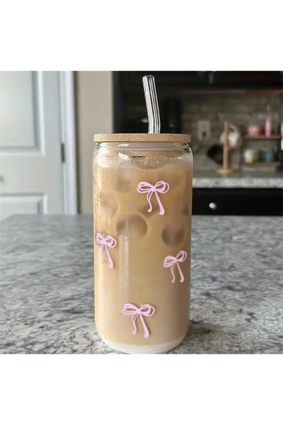 Choice كوب زجاجي لطيف على شكل فيونكة وردية سعة 500 مل مع أغطية وكأس ماصة لكوب زجاجي للقهوة المثلجة والحليب الناعم