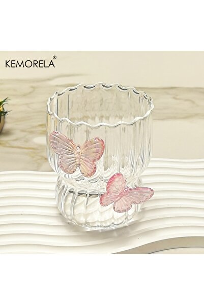 Choice 201-300ml Pink Handmade 3D Butterfly Glass Coffee Cup Elegant Striped Design with Cute Butterfly Pat