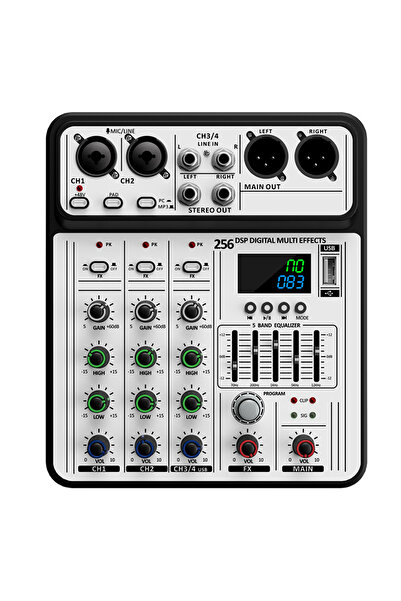 Choice خلاط صوت احترافي أبيض رباعي القنوات 256DSP، طاقة فانتوم 48 فولت، USB، استوديو كاريوكي، بلوتوث، DJ Co