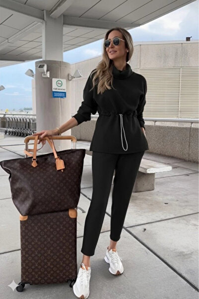 trend_ermege Women's Long Sleeve Turtleneck Modal Blouse and Pants Two-Piece Set with Elastic Waist